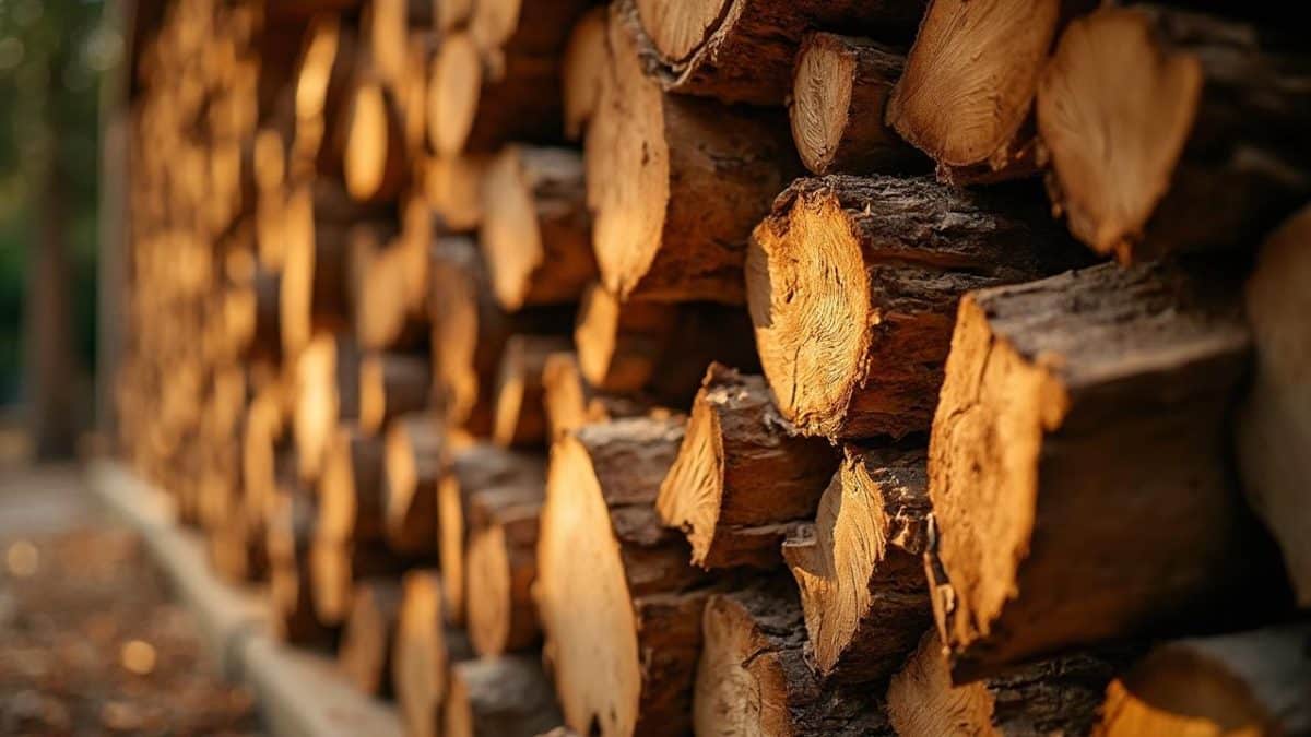 Gros plan sur un tas de bûches de bois de chauffage empilées