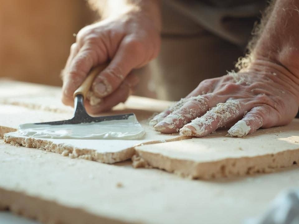 Gros plan sur les mains d'un boulanger pétrissant la pâte sur une planche en bois