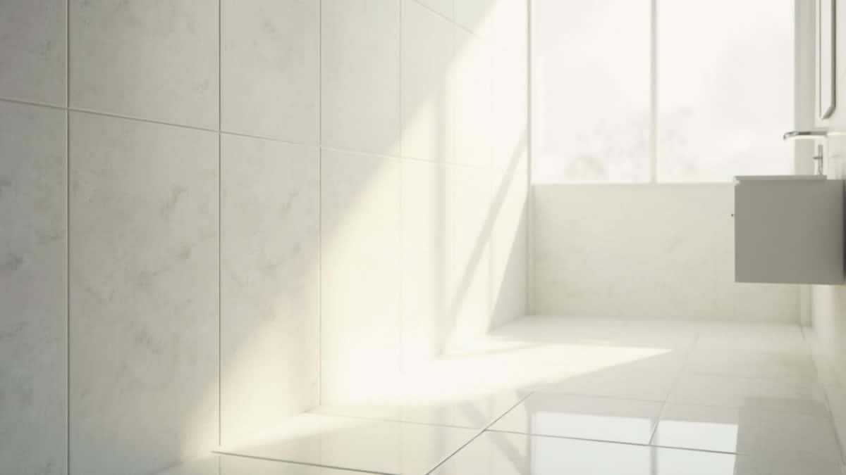 Pièce épurée, lumineuse, avec des murs et sol en carrelage blanc