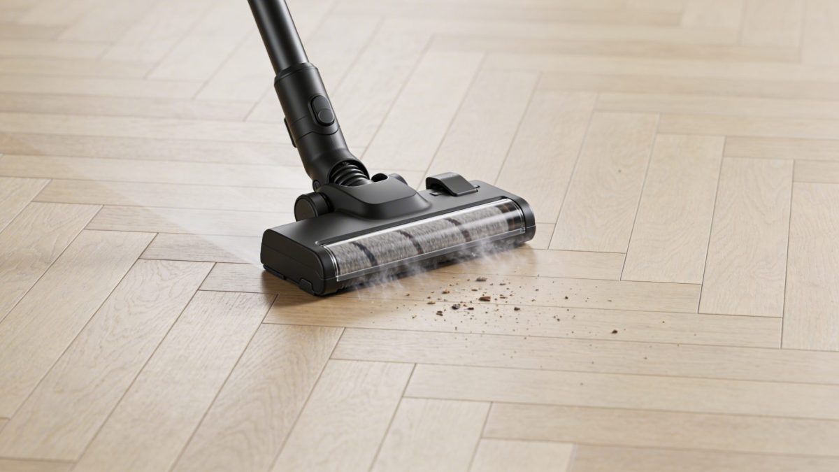 Aspirateur balai sans fil noir sur parquet clair en plein nettoyage
