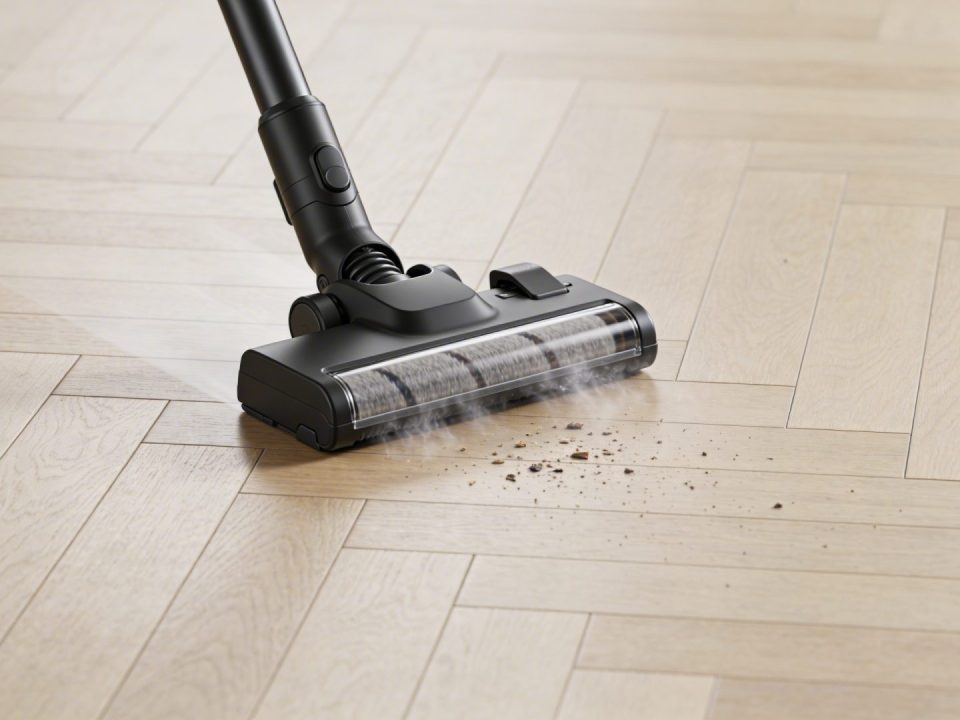 Aspirateur balai sans fil noir sur parquet clair en plein nettoyage
