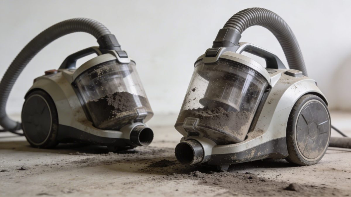 Deux aspirateurs a cendres poses au sol remplis de suie