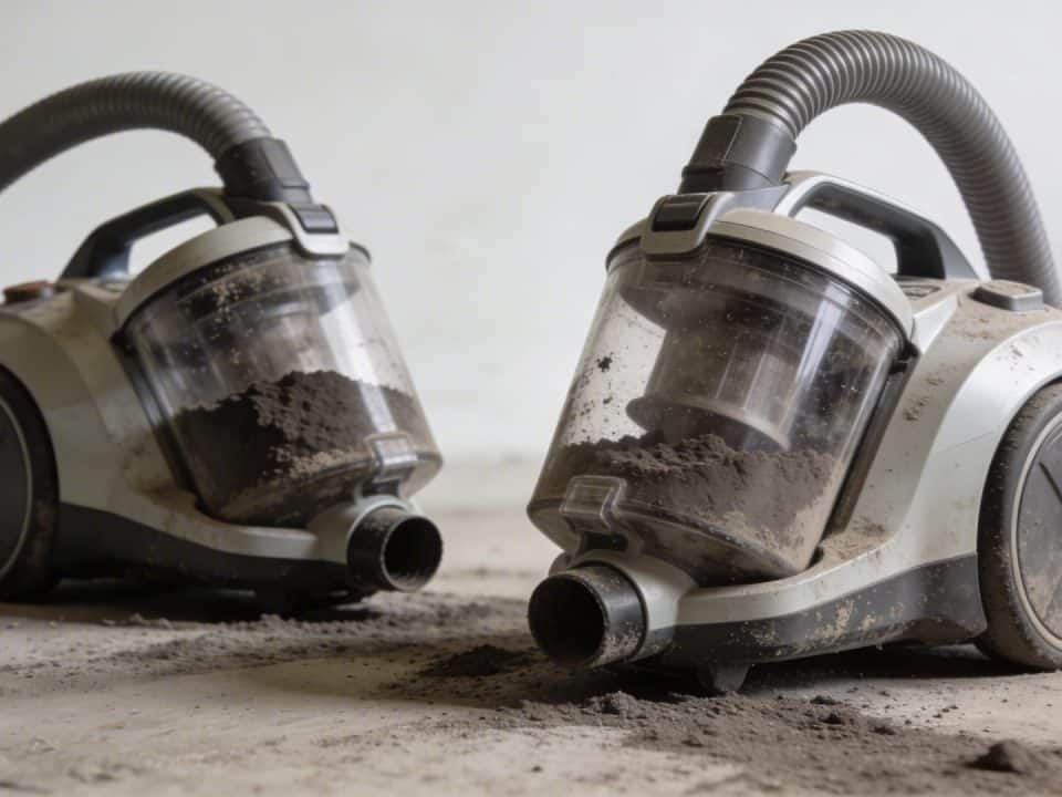 Deux aspirateurs a cendres poses au sol remplis de suie