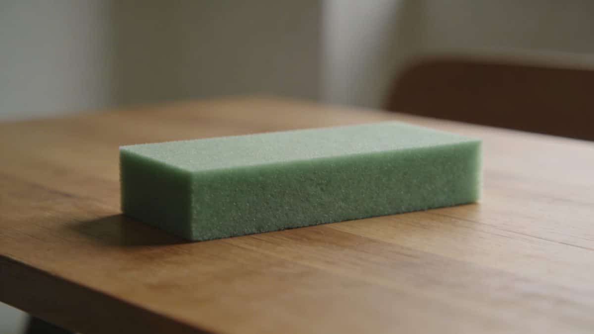 Bloc de mousse verte rectangulaire pose sur table en bois