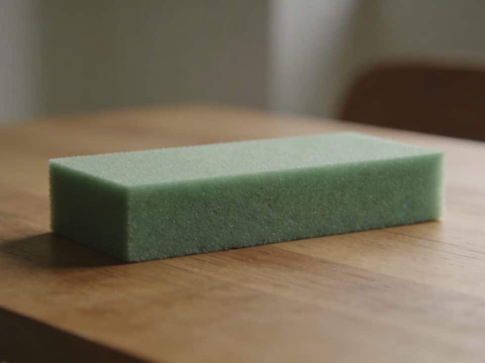 Bloc de mousse verte rectangulaire pose sur table en bois