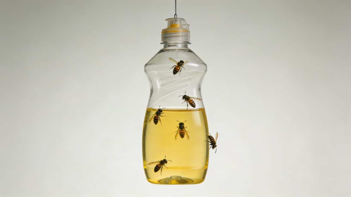 Bouteille plastique suspendue contenant liquide vaisselle jaune attirant des guepes