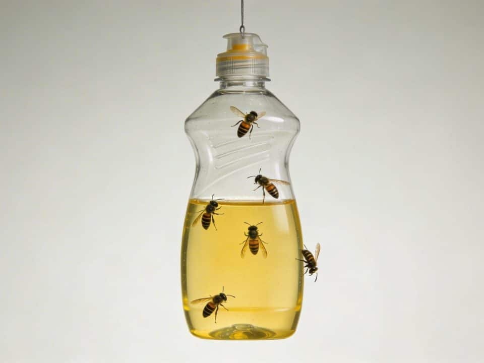 Bouteille plastique suspendue contenant liquide vaisselle jaune attirant des guepes