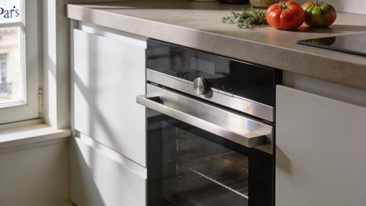 Cuisine moderne a Paris avec four pose sous plan de travail