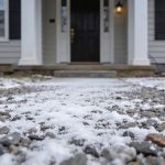Main devanture de maison avec allée gravier saupoudrée de sel blanc