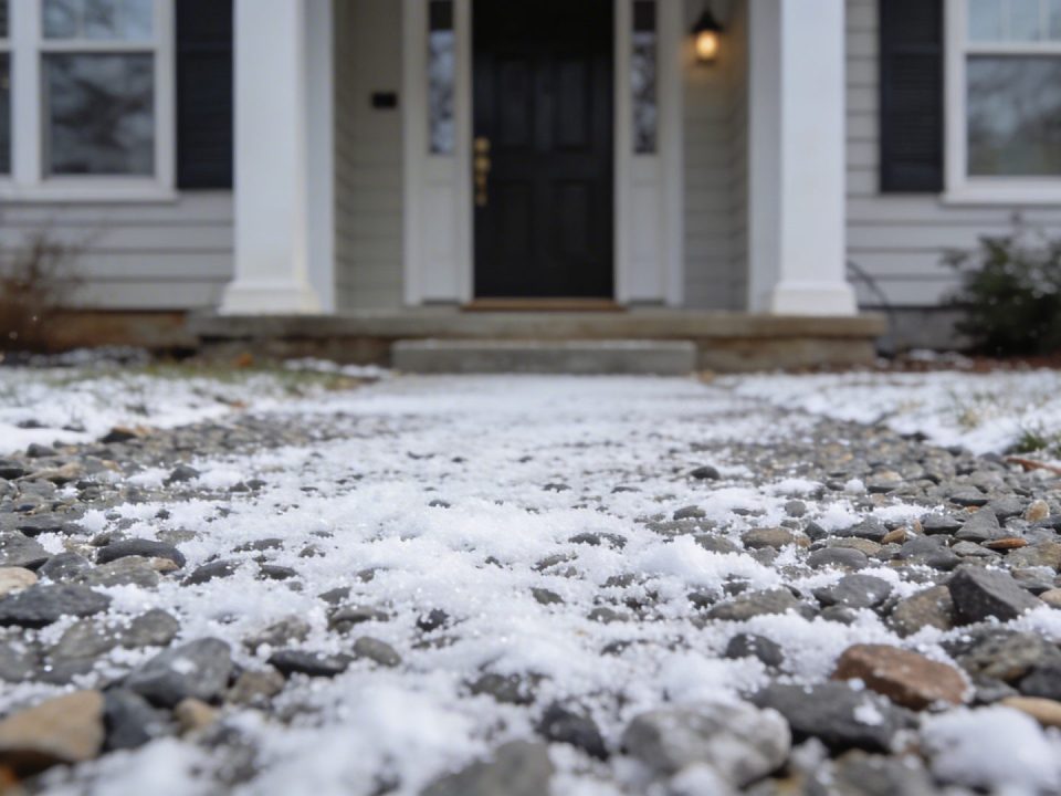 Main devanture de maison avec allée gravier saupoudrée de sel blanc