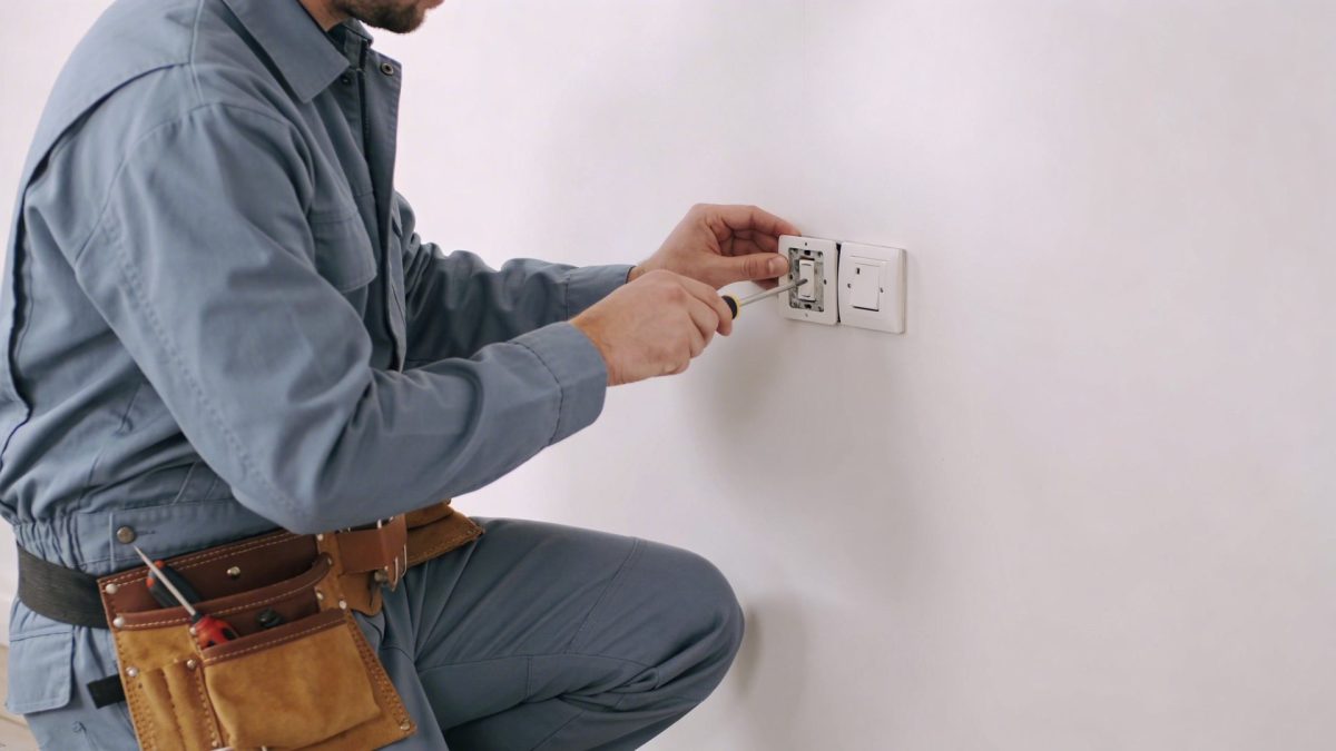 Electricien agenouille installe interrupteur double sur mur blanc d une piece
