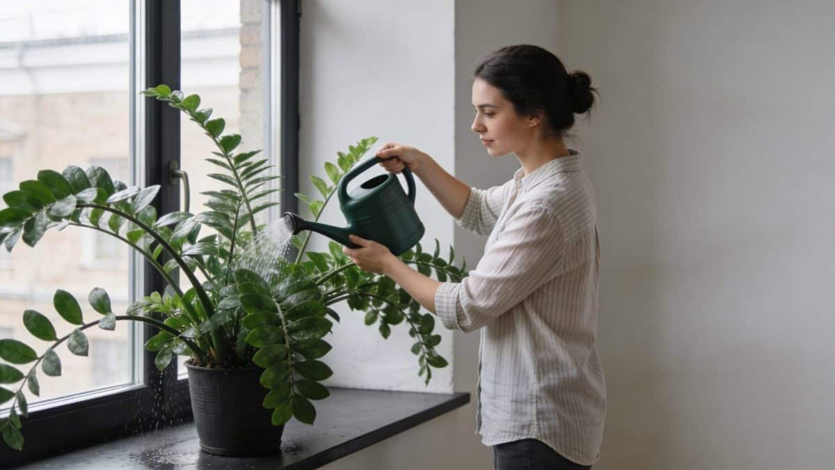 Femme arrosant une enorme plante verte en pot pres dune fenetre