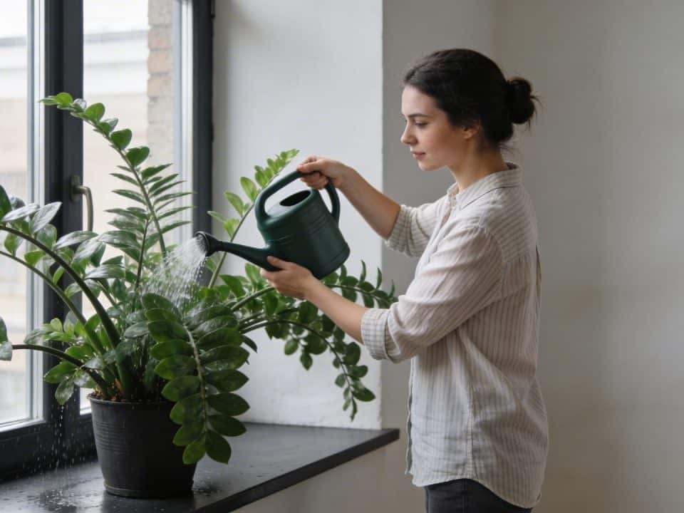 Femme arrosant une enorme plante verte en pot pres dune fenetre