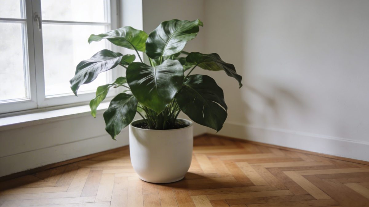 Grande plante verte en pot blanc sur parquet pres dune fenetre