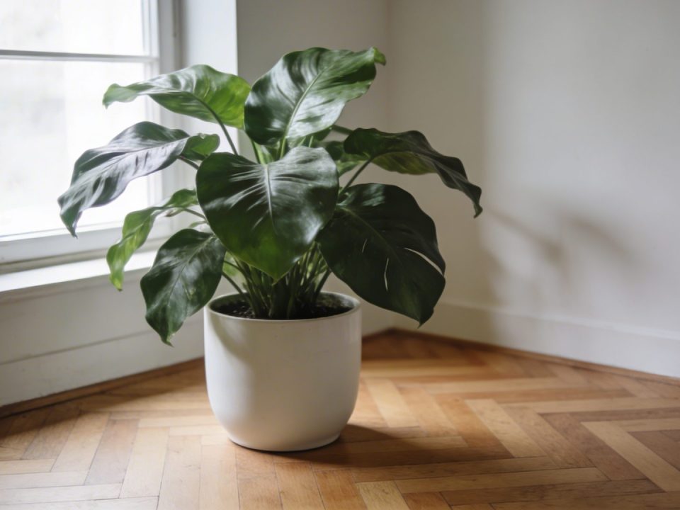 Grande plante verte en pot blanc sur parquet pres dune fenetre