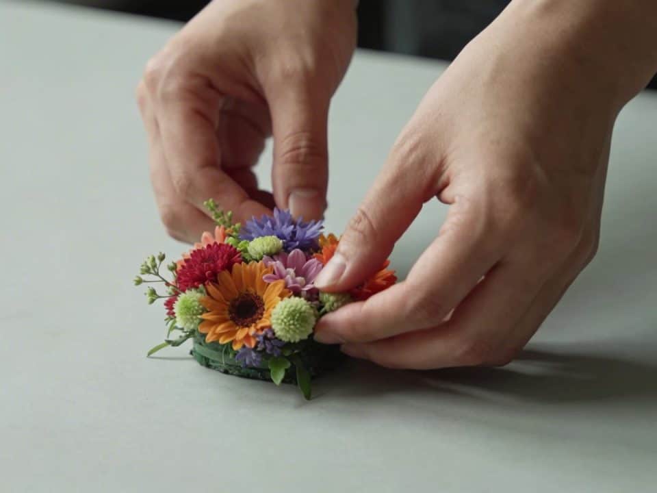Gros plan mains arrangeant une petite composition florale colorée sur table