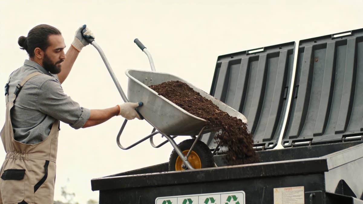 Homme vidant une brouette de terre dans une benne de recyclage