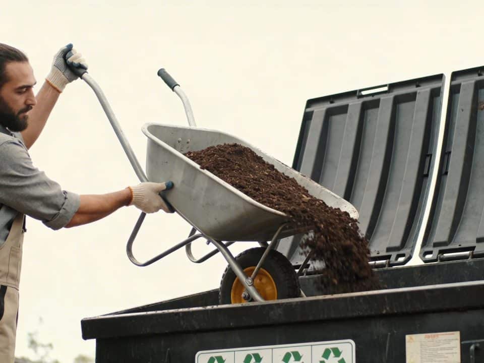 Homme vidant une brouette de terre dans une benne de recyclage