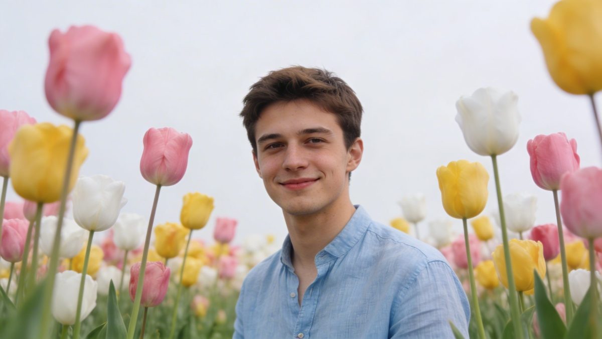 Jeune homme souriant dans un champ de tulipes colorées