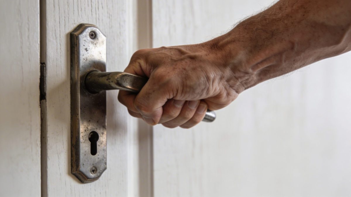 main de bricoleur tirant fort sur une poignee de porte bloquee