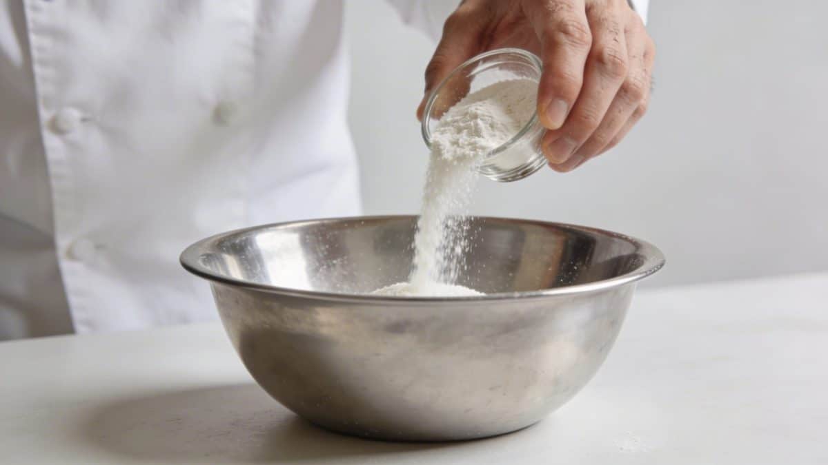 Main de cuisinier versant poudre blanche d oseille dans bol en inox