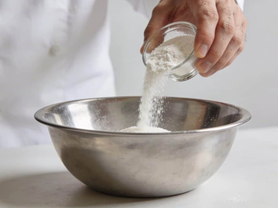 Main de cuisinier versant poudre blanche d oseille dans bol en inox