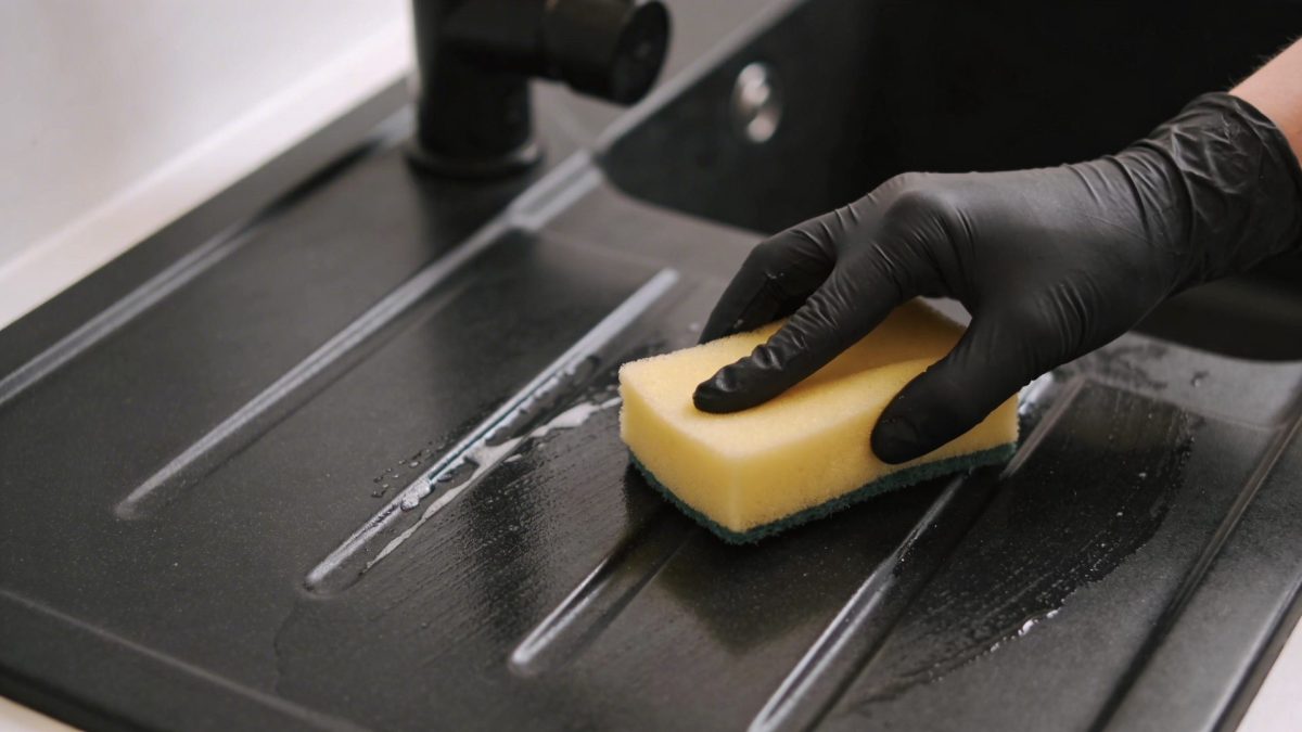 Main noire frottant evier noir en resine avec eponge jaune