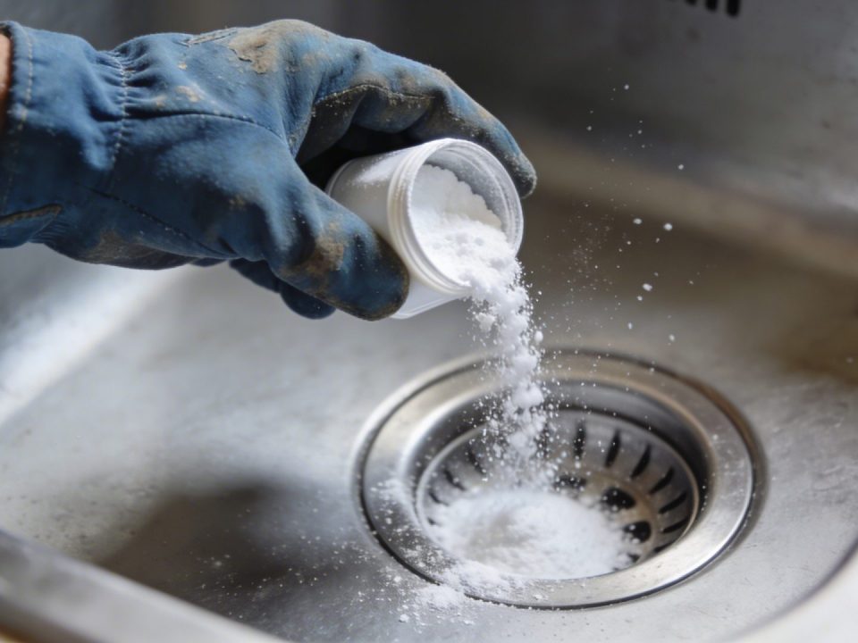 Main de plombier versant bicarbonate de soude dans evier bouche