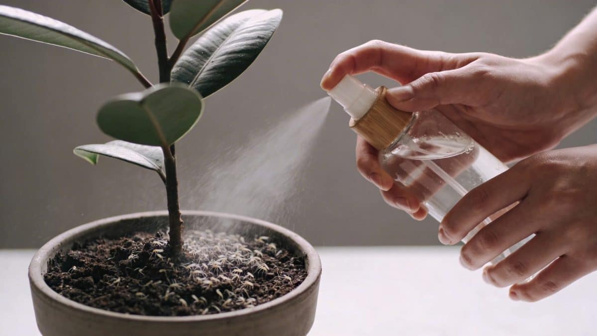 Mains arrosant une plante en pot avec pulverisateur naturel contre moucherons