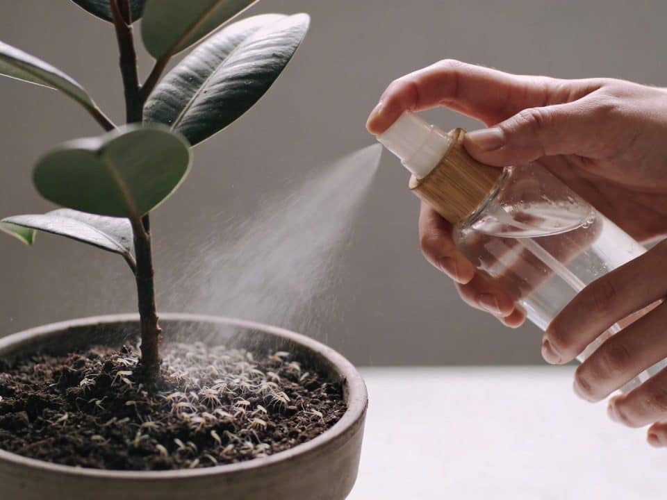 Mains arrosant une plante en pot avec pulverisateur naturel contre moucherons