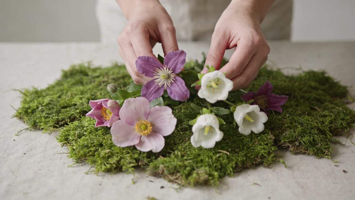 Mains disposant des fleurs fraiches dans la mousse verte sur table