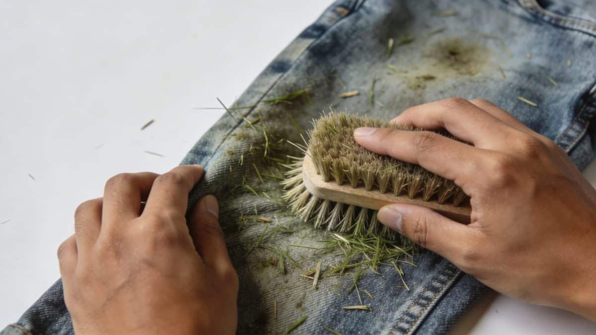 Mains frottant un jean tache d herbe avec une brosse