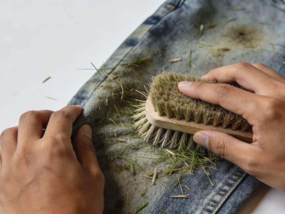 Mains frottant un jean tache d herbe avec une brosse
