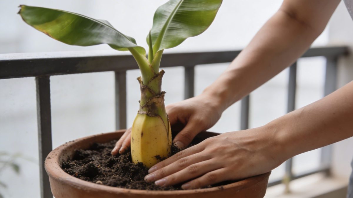 Mains plantant la couronne dananas dans un pot sur balcon