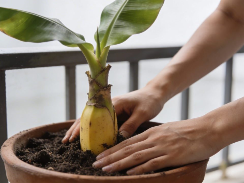Mains plantant la couronne dananas dans un pot sur balcon