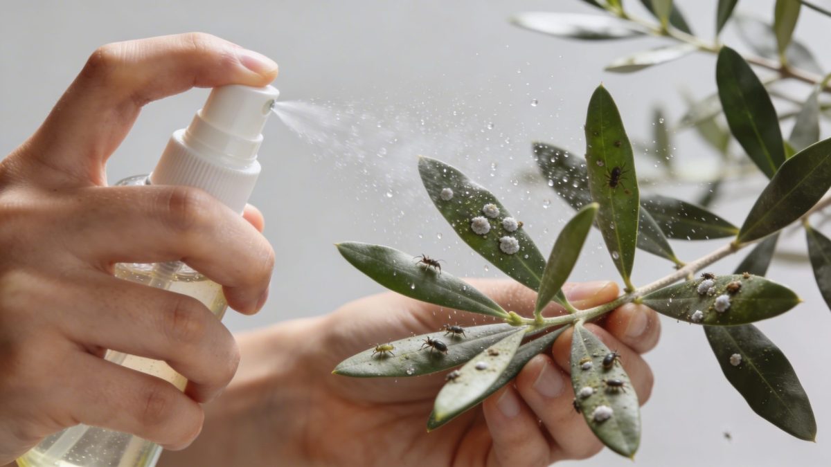 Mains pulvérisant une solution naturelle sur feuilles dhivier infestées de cochenilles