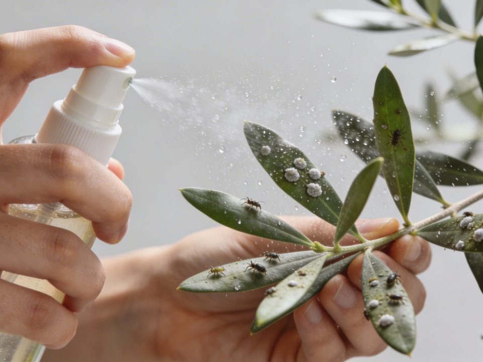 Mains pulvérisant une solution naturelle sur feuilles dhivier infestées de cochenilles