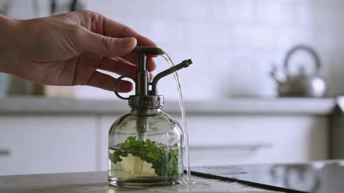 Mains versant liquide vegetal dans vaporisateur en verre sur table de cuisine