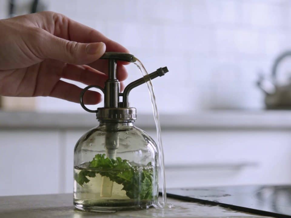 Mains versant liquide vegetal dans vaporisateur en verre sur table de cuisine