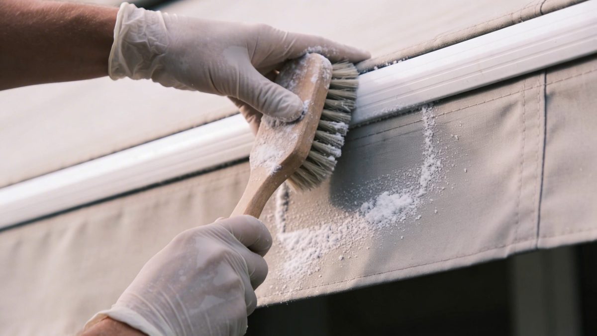 Personne frottant un store banne exterieur avec une brosse et bicarbonate