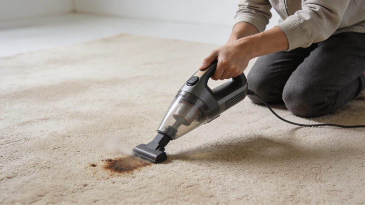 Personne nettoyant une tache tenace sur tapis beige avec petit aspirateur portatif