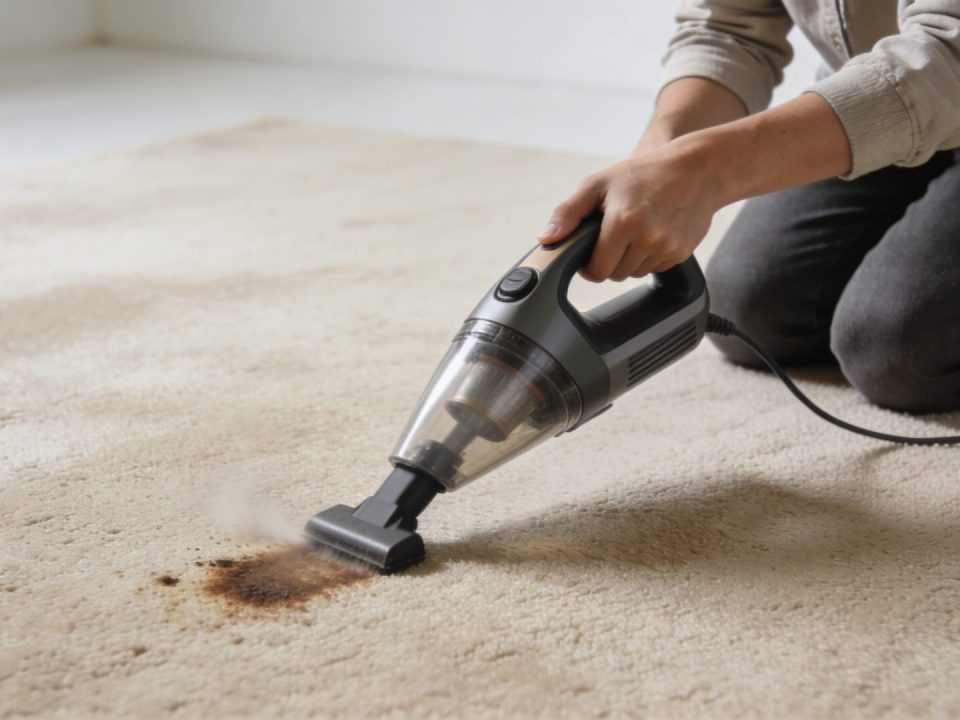 Personne nettoyant une tache tenace sur tapis beige avec petit aspirateur portatif