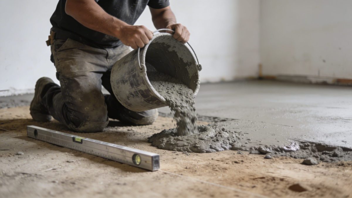 Ouvrier agenouille verse beton gris sur sol prepare avec regle metal