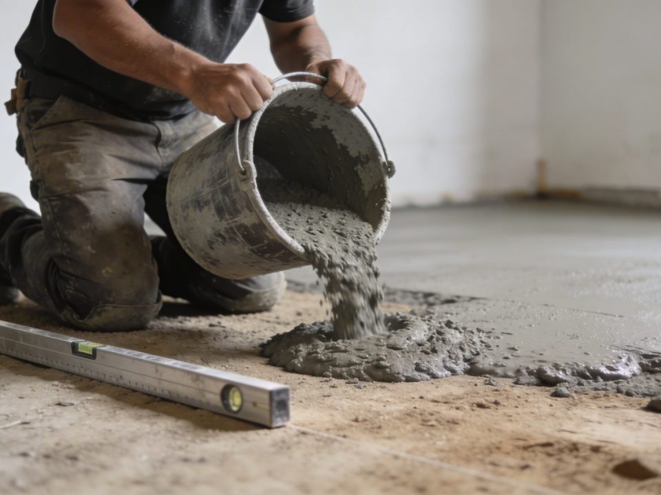 Ouvrier agenouille verse beton gris sur sol prepare avec regle metal