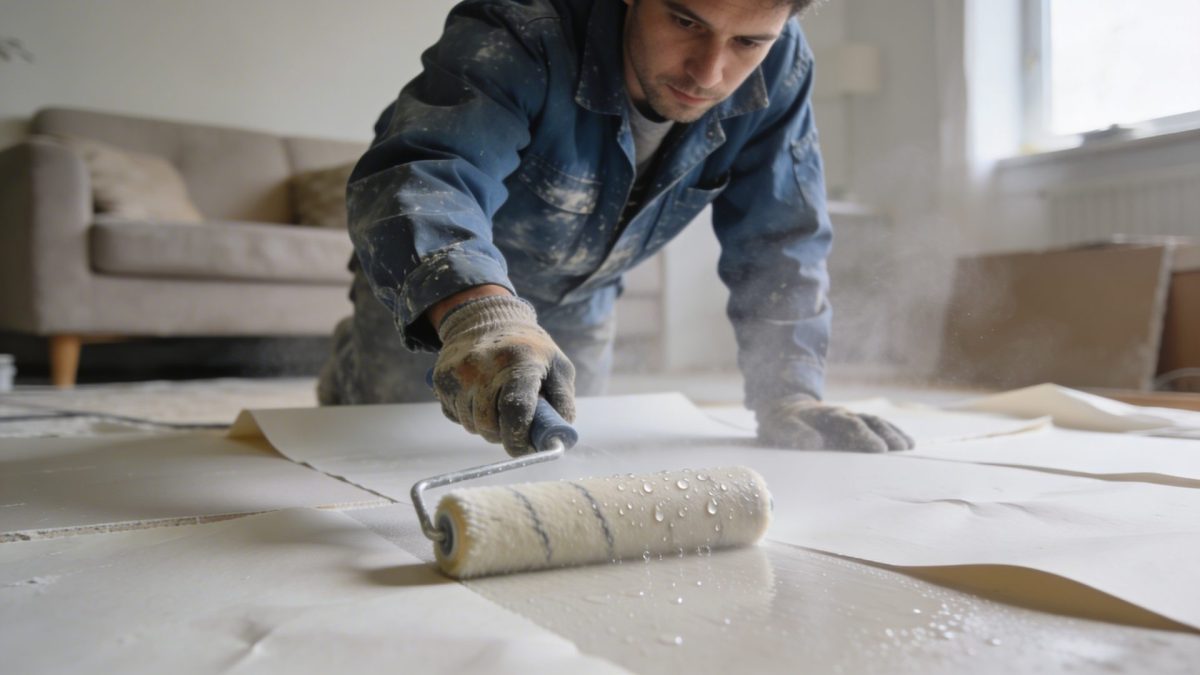 ouvrier penche humidifie des bandes de placo au rouleau dans salon