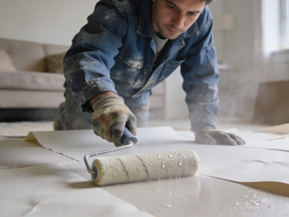 ouvrier penche humidifie des bandes de placo au rouleau dans salon