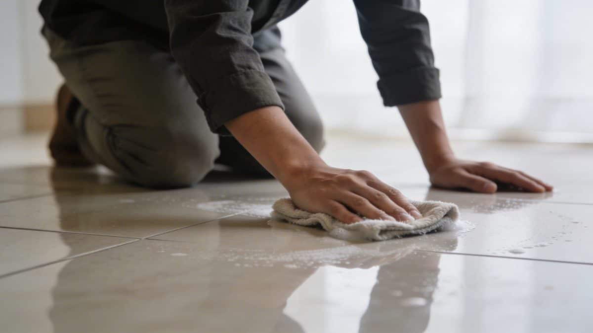 Personne agenouillee frottant un carrelage de sol brillant avec chiffon