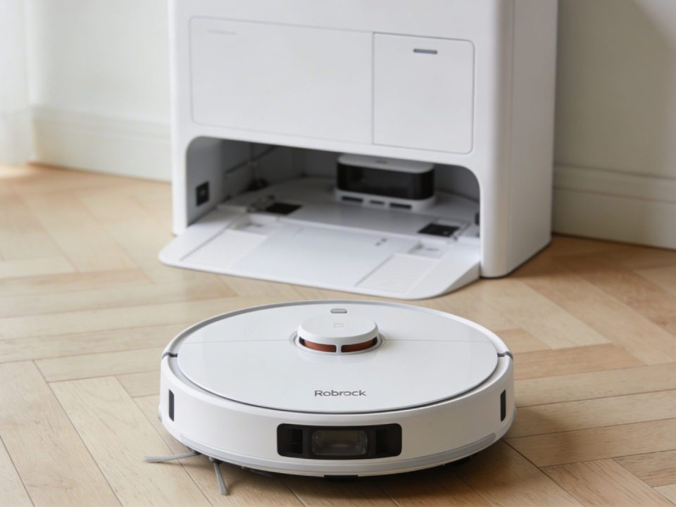 Robot aspirateur Roborock sur parquet clair devant station blanche multifonction