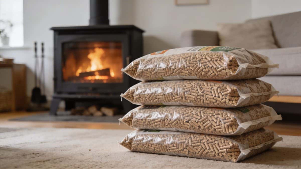 Sacs de granulés bois empilés devant poele allumé dans salon