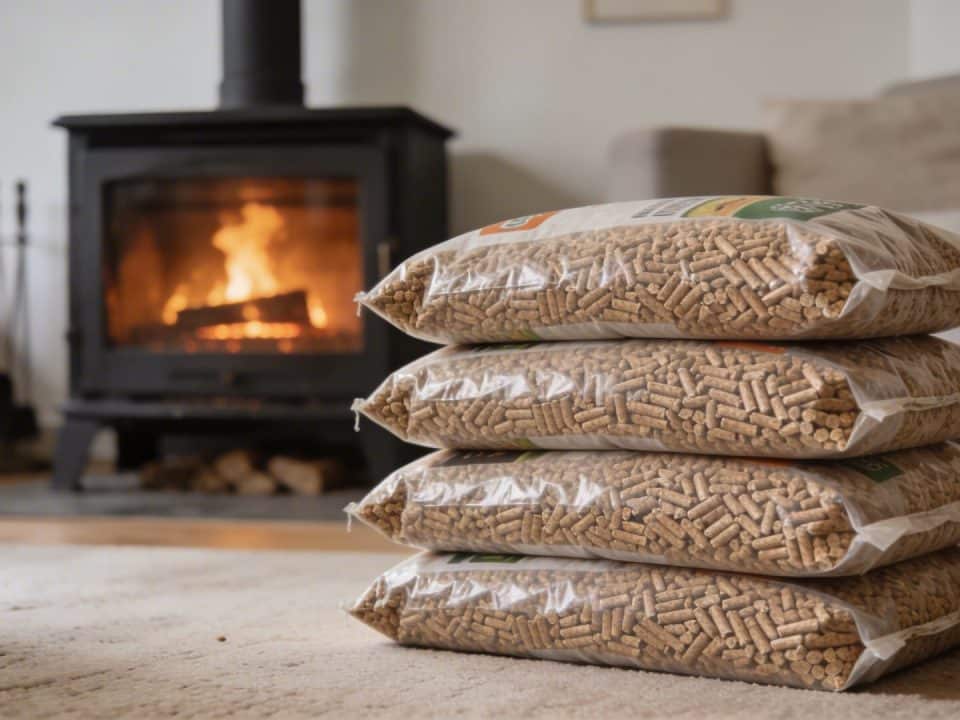 Sacs de granulés bois empilés devant poele allumé dans salon